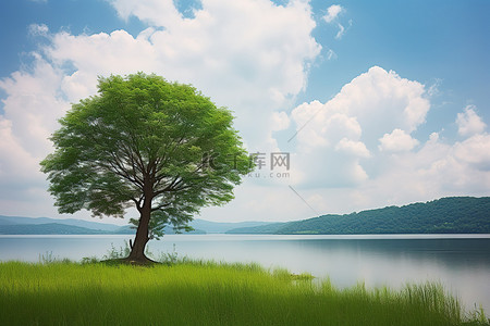 山蓝天背景背景图片_蓝天背景下的湖泊和树木