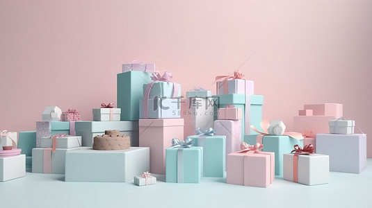柔和的主题生日和节日背景充满了 3d 渲染的礼品盒