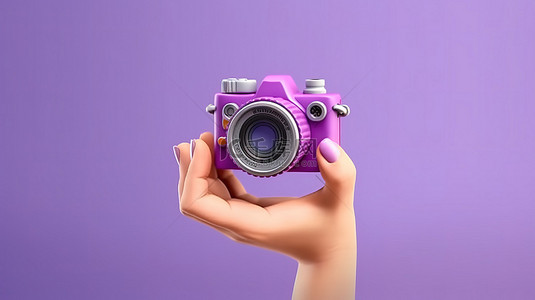 紫色背景的 3D 渲染插图，卡通手持相机和复制空间
