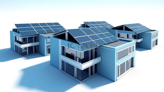 白色背景，绿色房屋和蓝色太阳能电池板在一排白色房屋 3D 渲染中脱颖而出