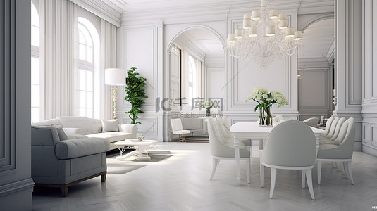 优雅的传统客厅和餐厅装饰着白色家具和别致的 3D 金属吊灯