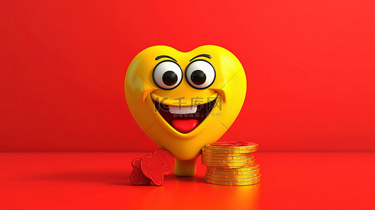金币金色背景图片_黄色背景展示了拥抱金色比特币的红心吉祥物的 3D 渲染
