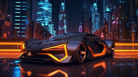 科技宇宙背景图片_未来充满活力的霓虹灯大都市中的时尚未来派汽车 3D 渲染