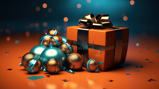 带球的圣诞礼品盒用于营销和数字广告的 3D 插图