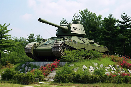 一个巨大的坦克坐落在有大灌木丛和树木的山顶上