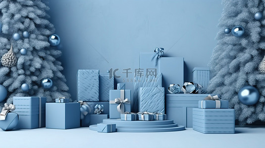 创意冬季模型蓝色节日 3d 讲台与圣诞礼物庆祝新年