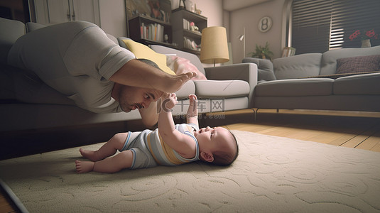 父亲节专题背景图片_父亲在沙发上放松时与婴儿建立 3D 亲密关系