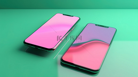 3d 渲染中的空白屏幕粉色和绿色智能手机背景
