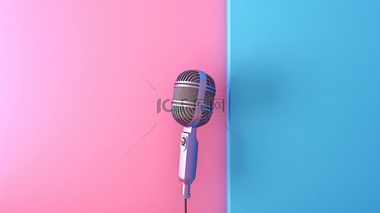 卡带音乐背景图片_带蓝色麦克风的粉红色房间的 3D 渲染