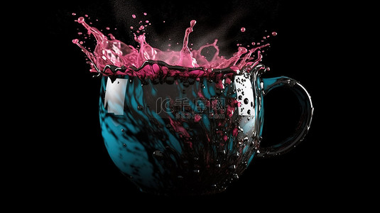 黑色隔离背景上溅有蓝色水的茶和咖啡杯的艺术 3D 渲染