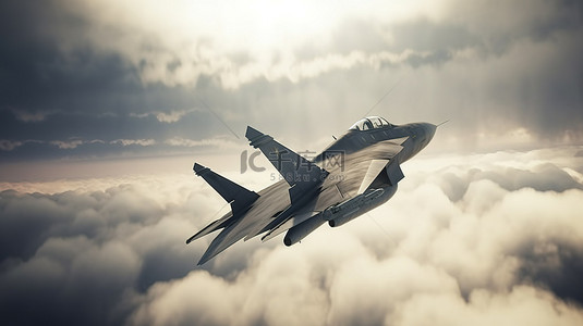 乌克兰俄罗斯战争的 3D 渲染图像中，战斗机在多云的天空中翱翔
