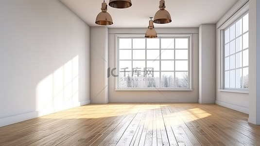 木地板客厅背景图片_北欧房间的 3D 渲染，配有吊灯白墙和木地板