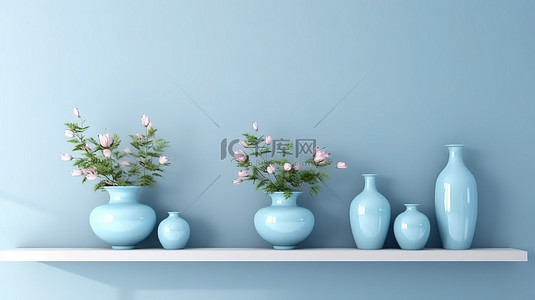 花瓶宁静背景图片_宁静的蓝色橱柜上有巨大的开口，上面有 3D 渲染的花瓶