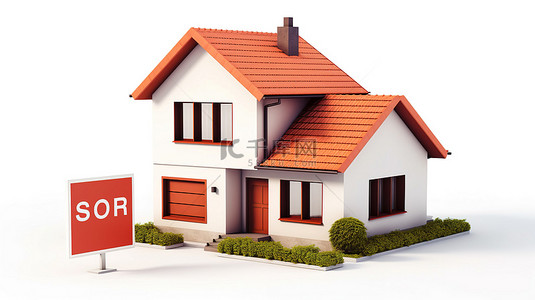红色房地产背景图片_现代住宅，配有红色屋顶和砖墙，装饰着“已售出”标签，3D 渲染中的房地产概念