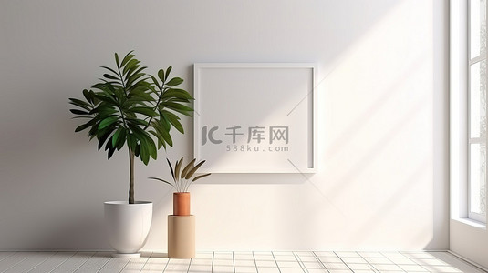 框白框背景图片_现代客厅，配有模拟画框白墙和 3D 渲染中的叶影