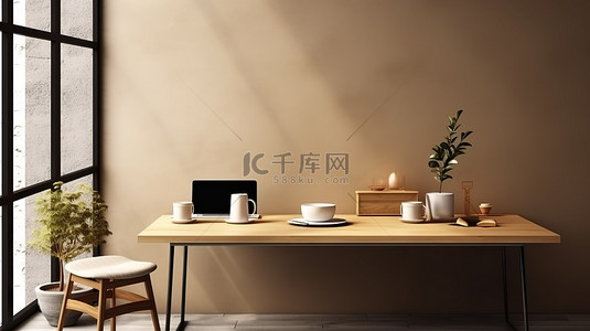 亚克力桌面立牌背景图片_时尚的斯堪的纳维亚咖啡店采用简约的室内设计，配有木桌和 3D 渲染笔记本电脑
