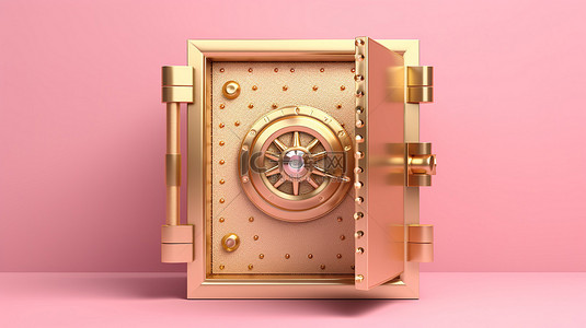 红金条免扣背景图片_金条安全地存放在一个真实的保险箱中，在粉红色背景上打开盖子 3D 渲染