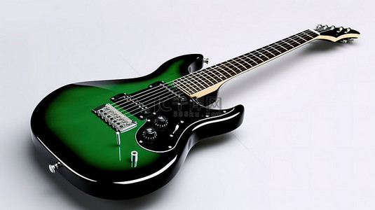 光滑的绿色和黑色电吉他搁在白色表面 3d 渲染上