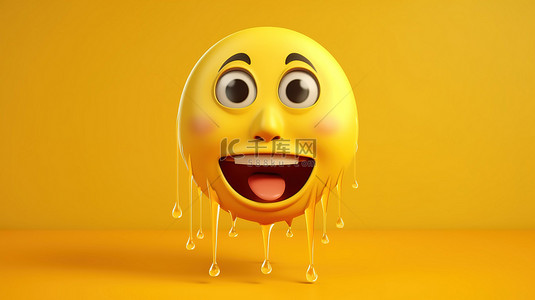 3D 渲染的黄色背景插图，带有模糊的大笑表情符号脸，泪流满面
