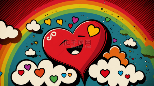 卡通红色爱心背景图片_红色爱心彩虹可爱卡通背景
