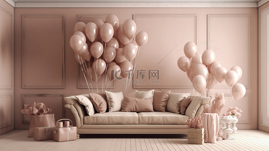 520中秋情人节框背景图片_情人节灵感的内饰，配有米色色调的心形气球礼物和舒适的沙发 3D 渲染插图