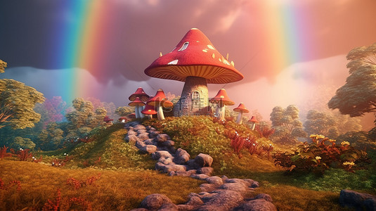 神秘森林卡通背景图片_神秘森林中的迷人堡垒，装饰着彩虹真菌和巨石，3D 渲染艺术