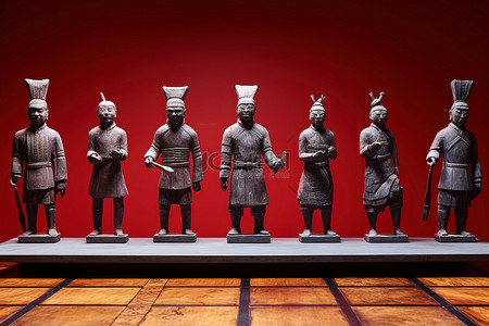 混沌武士背景图片_红桌上的七个中国武士雕像