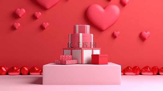 粉红爱背景图片_情人节爱情讲台，配有红色礼盒粉红心和浪漫的 3D 渲染背景