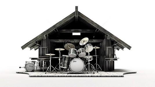 白色背景木屋中黑色鼓套件的 3D 渲染