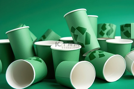 中空纸杯背景图片_带塑料回收袋的绿色纸杯