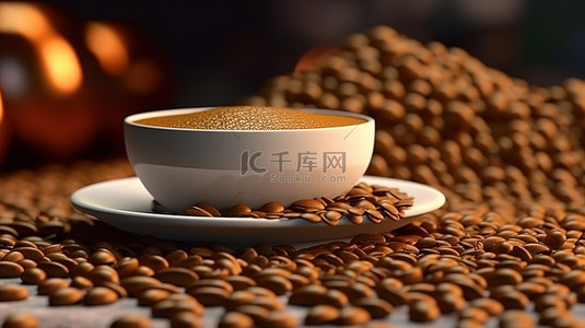咖啡杯和 3D 渲染的真实咖啡豆心脏，背景充满豆子