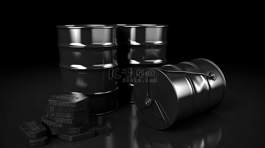 石油和天然气 3D 渲染黑色桶和罐，货币图标描绘价格波动