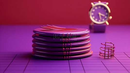 紫色组织者的 3D 渲染，其戒指和星期排列在日历上的红色手表旁边