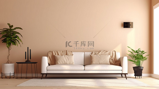 家居沙发简约背景图片_简约客厅中的现代白色沙发设置 3D 渲染