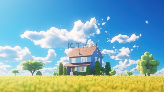 蓝天和房子背景图片_令人惊叹的 3D 渲染房屋，拥有修剪整齐的草坪和蓝天背景