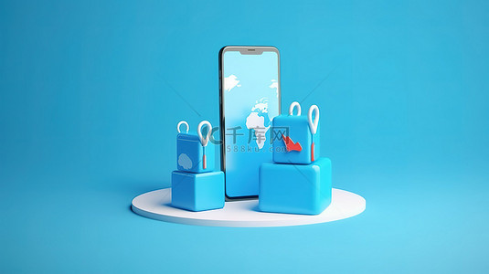 网店横幅背景图片_蓝色背景横幅，包含包裹箱的 3D 渲染和手机上的位置图标