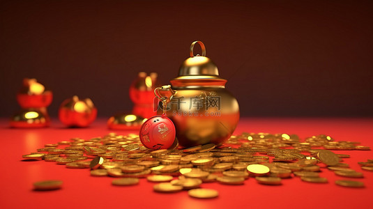 新年金币背景图片_充满活力的中国新年展示金币转变成带有 3D 照明灯笼的元宝