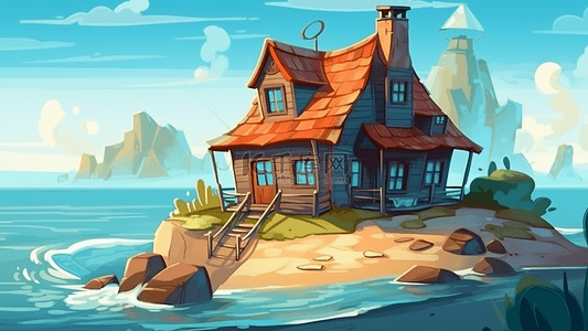 房子海边卡通插画背景