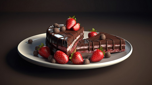 盘中的美食背景图片_3d 渲染盘中的草莓巧克力蛋糕片