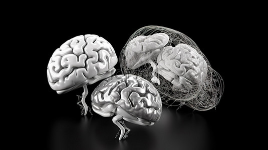 3D 渲染的黑白大脑图像的孤立集合