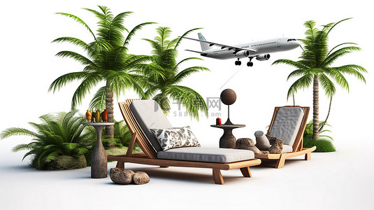白色背景上孤立的飞机躺椅和棕榈树的 3D 插图