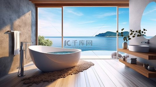 台阶玻璃背景图片_带海景台阶的现代浴室令人惊叹的 3D 渲染