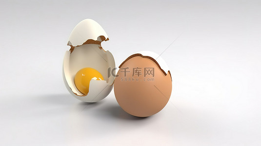 易碎的蛋壳和纯背景 3D 图形上的好奇标记