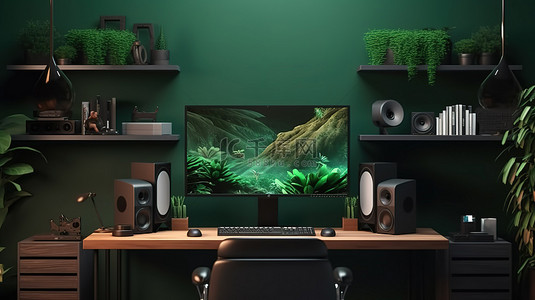 电脑植物背景图片_深绿色墙上配有 PC 的现代家庭办公室的 3D 渲染