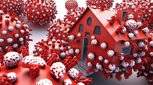 感染新冠病毒背景图片_红色和白色的病毒感染房屋的 3d 渲染
