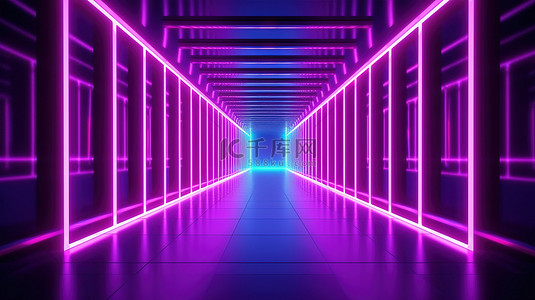 霓虹灯房间未来派 3D 技术背景与紫外线抽象走廊