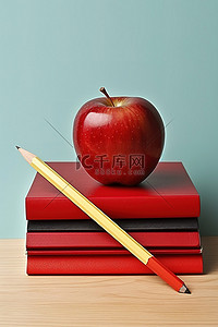 铅笔堆背景图片_一个红苹果坐在两个笔记本的顶部，中间有铅笔