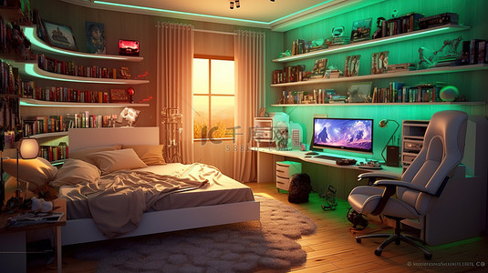 设计渲染图背景图片_电子游戏玩家房间内部的 3D 渲染图