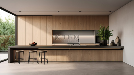 木质橱柜和内置台面提升了这个时尚简约厨房的3D渲染效果