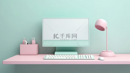 时尚的计算机设置 3D 渲染或柔和颜色的插图，桌上有显示器和键盘